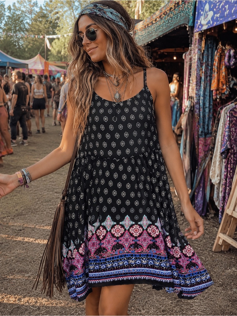 Xhilaration Boho Black Floral Border Print Spaghetti Strap Dress